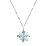 MORGAN & PAIGE Rhodium Plated Sterling Silver, Created Opal and Genuine Swiss Blue Topaz Flower 3-prong setting Leverback Dangle Earrings or 18" Pendant Necklace