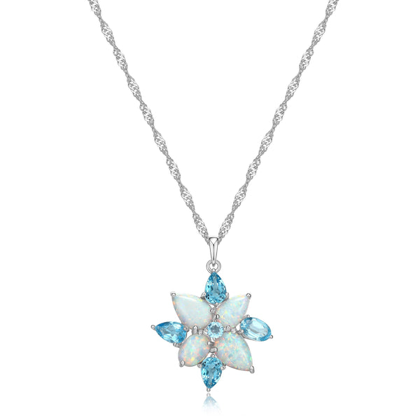 MORGAN & PAIGE Rhodium Plated Sterling Silver, Created Opal and Genuine Swiss Blue Topaz Flower 3-prong setting Leverback Dangle Earrings or 18" Pendant Necklace