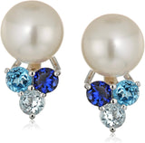 .925 Sterling Silver, 8mm Freshwater Cultured Pearl and Multi Gemstone 1/2" Stud Earrings - Choice of Colors