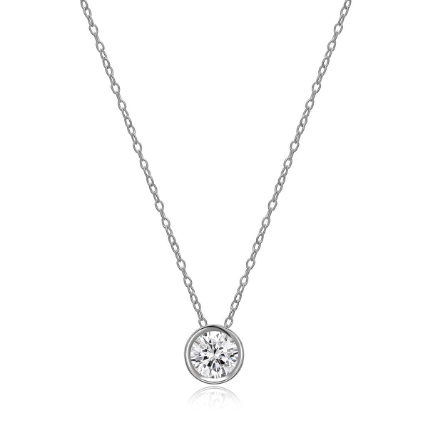 MORGAN & PAIGE .925 Sterling Silver Platinum Plated Solitaire 1/4" Round Cubic Zirconia Necklace - Elegant Bezel Set Silver Dainty Necklace for Women, Crystal Pendant Necklace 18 Cable Chain