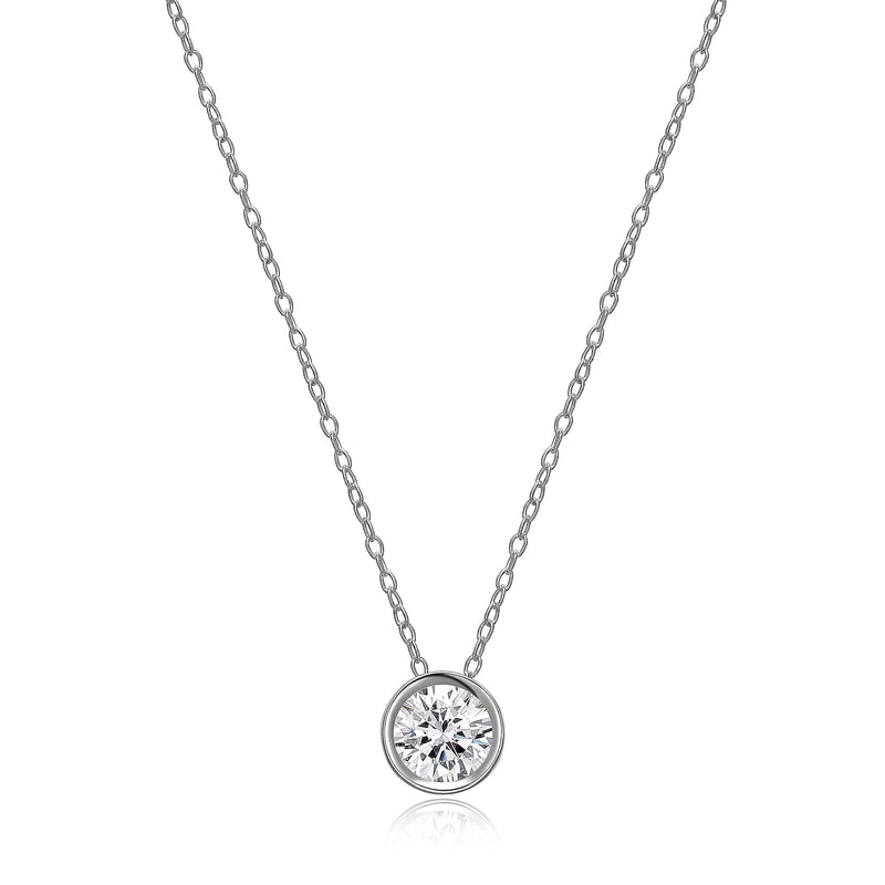 MORGAN & PAIGE .925 Sterling Silver Platinum Plated Solitaire 1/4" Round Cubic Zirconia Necklace - Elegant Bezel Set Silver Dainty Necklace for Women, Crystal Pendant Necklace 18 Cable Chain