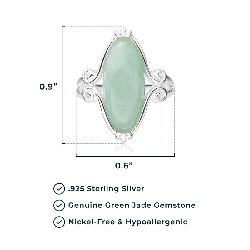 MORGAN & PAIGE .925 Sterling Silver Genuine Green Jade Rings for Women - Vintage Celtic Oval Jade Stone Statement Rings Scrollwork Setting, Hypoallergenic Sterling Silver Rings Women Size 5-9