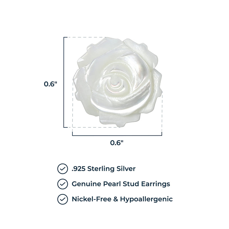 MORGAN & PAIGE .925 Sterling Silver Rhodium Plated Carved Mother of Pearl Rose Stud Earrings for Women - White Pearl Sterling Silver Earrings, Lightweight & Hypoallergenic Jewelry for Sensitive Ears