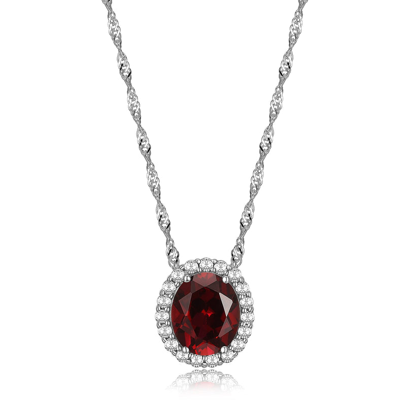 MORGAN & PAIGE 925 Sterling Silver Gemstone Birthstone and Created White Sapphire Oval Halo Pendant Necklace, 18"