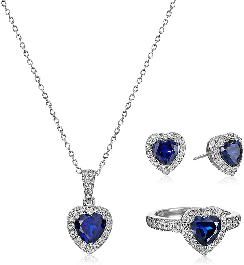 MORGAN & PAIGE .925 Sterling Silver Gemstones and White Sapphire Halo Heart Necklace, Earrings & Ring Set - Birthstone Jewelry Sets for Women, 18in Cable Chain, Size 7 Ring, Ideal Birthday Gift