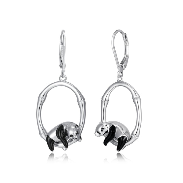 MORGAN & PAIGE Rhodium Plated 925 Sterling Silver Black Epoxy Panda Bear on Bamboo Ring Drop Earrings