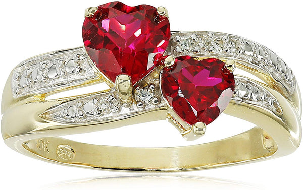 MORGAN & PAIGE 10K Gold Rhodium Plated Ruby Heart Promise Women Rings with Diamond Stone Accents - Premium Double Band Pre Engagement Rings for Women, Exquisite Romantic Love Gift Size 7