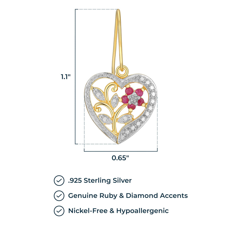 MORGAN & PAIGE 18K Yellow Gold Plated Sterling Silver Genuine Ruby and Diamond Accent Heart 1" Dangle Earrings