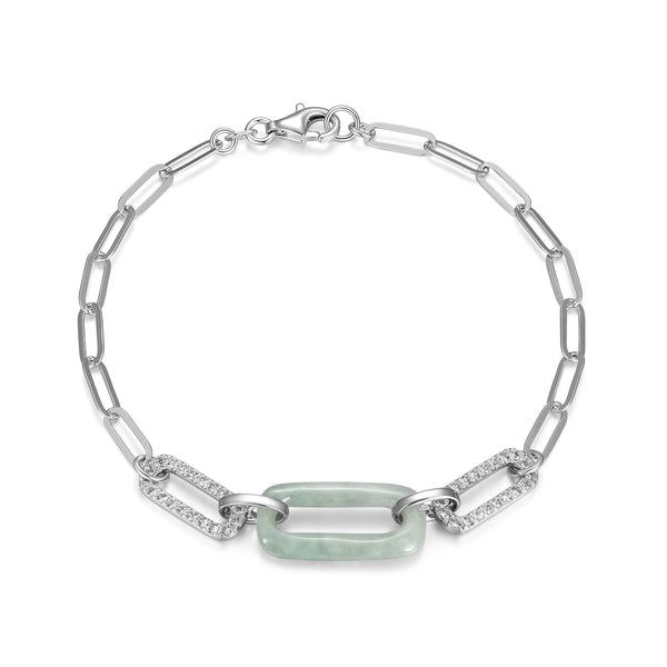 Genuine Green Jade and White Topaz Bracelet – Rhodium-Plated Sterling Silver, Paperclip Chain, 7.25 Inches, Elegant Gift Box Included