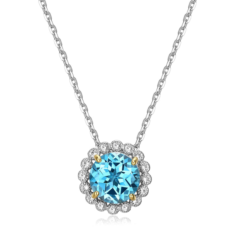 MORGAN & PAIGE Lab Created Gemstone Halo Circle Pendant Necklace on Rhodium-Plated Sterling Silver Diamond Cut Cable Chain, White Sapphire Necklace, Pendant Necklace for Women