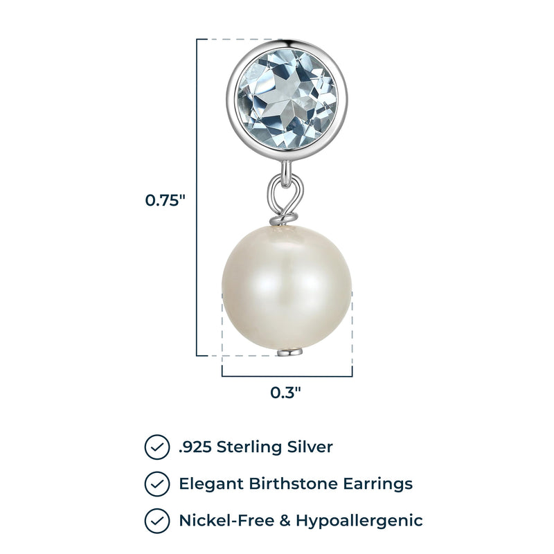 MORGAN & PAIGE 925 Sterling Silver Bezel-Set Gemstone Birthstone and 8mm White Freshwater Cultured Pearl Post Drop Earrings