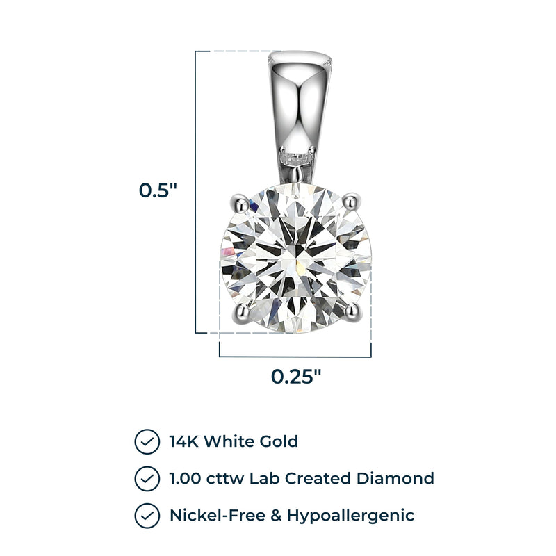 Rhodium-Plated 14K White Gold Solitaire Diamond Pendant Necklace, with Carat Lab Grown Diamond, 14 Karat White Gold Rope Chain, Lab Grown Diamond Necklaces for Women