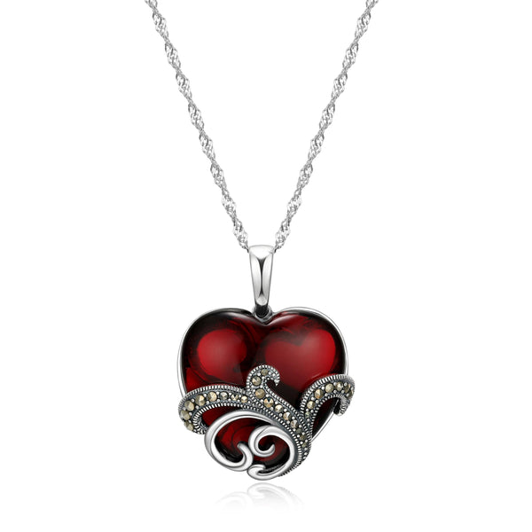 925 Sterling Silver Genuine Marcasite or Cubic Zirconia and Garnet Colored Glass Pendant Necklace, 18"