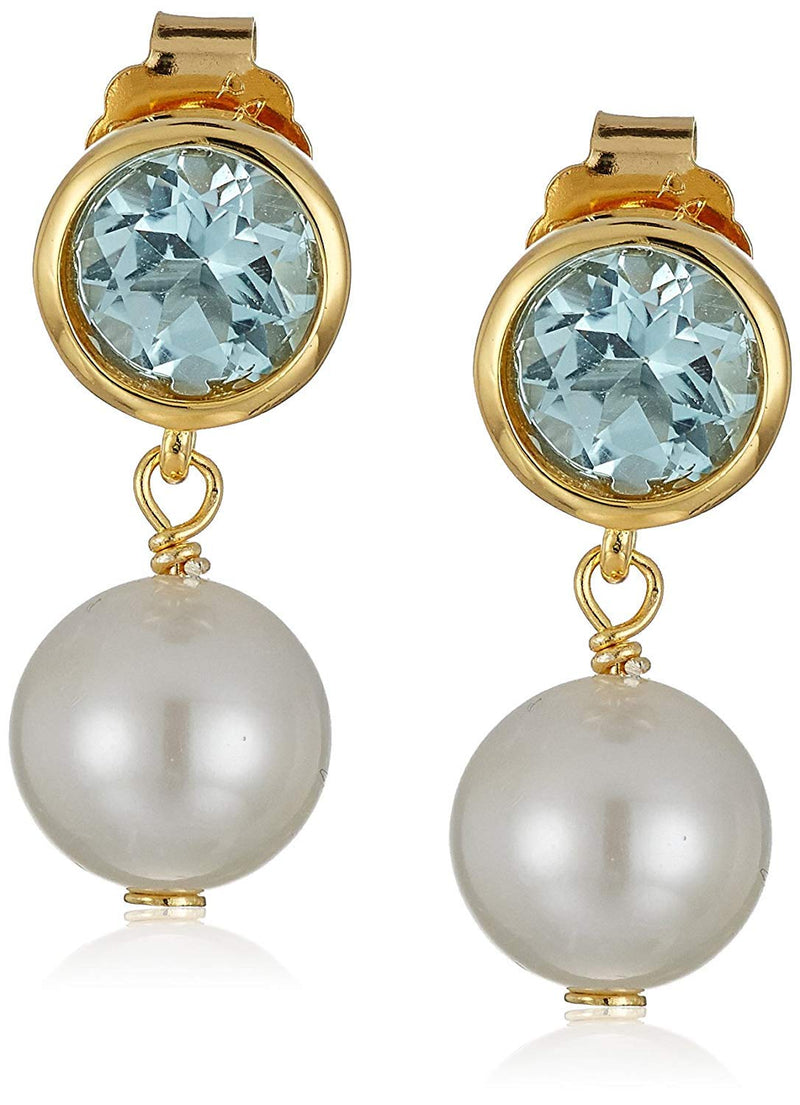 MORGAN & PAIGE 925 Sterling Silver Bezel-Set Gemstone Birthstone and 8mm White Freshwater Cultured Pearl Post Drop Earrings