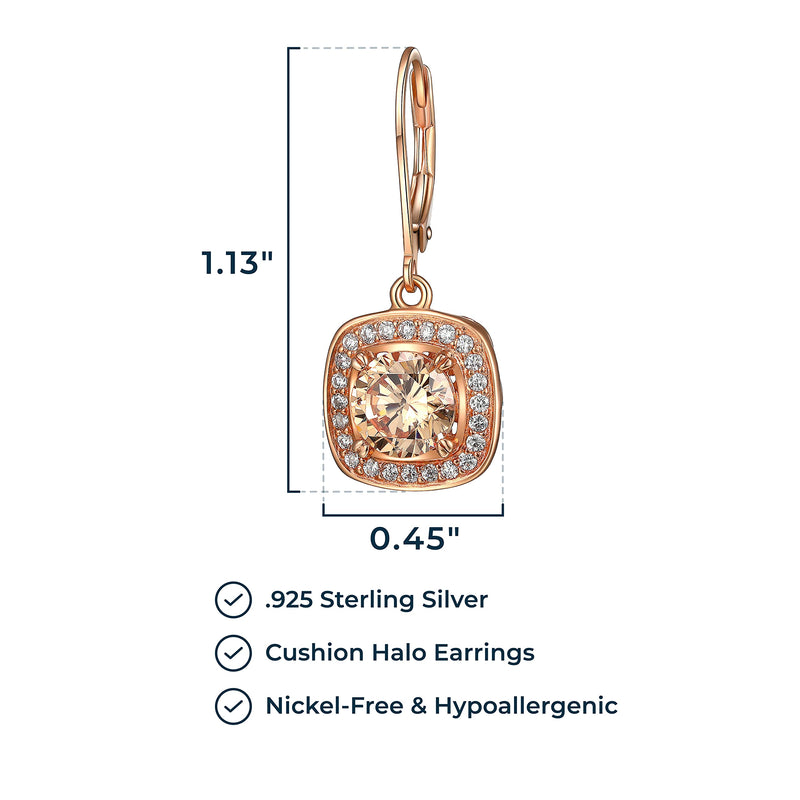 MORGAN & PAIGE .925 Sterling Silver 14K Rose Gold Plated Champagne and White Cubic Zirconia Round Halo Stud or Halo Drop Earrings, Hypoallergenic Sterling Silver Earrings Jewelry for Her