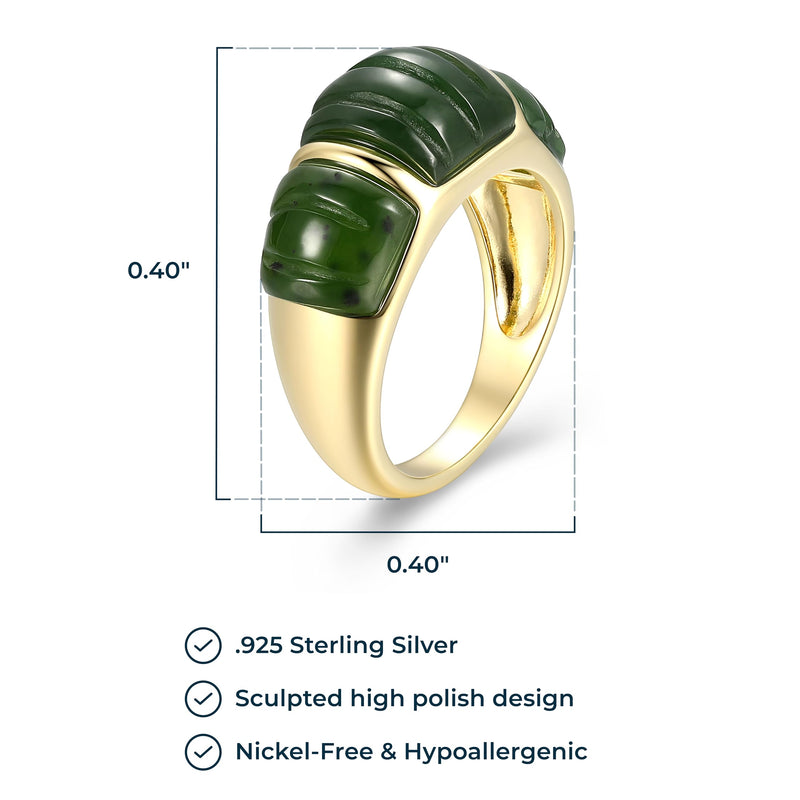 Carved Green Jade Ring with 14K Gold-Plated Sterling Silver Band - Hypoallergenic Rings for Women - Genuine Nephrite Jade Jewelry - Size 7