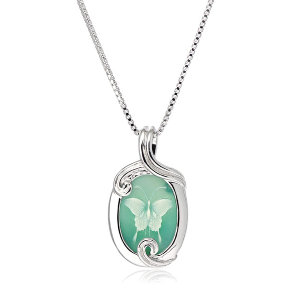 MORGAN & PAIGE .925 Sterling Silver Rhodium Plated Virgin Mary Necklace Genuine Blue Agate & Diamond or Butterfly Necklace Genuine Green Agate - Cameo Sterling Silver Jewelry Gift for Her, 18 inch