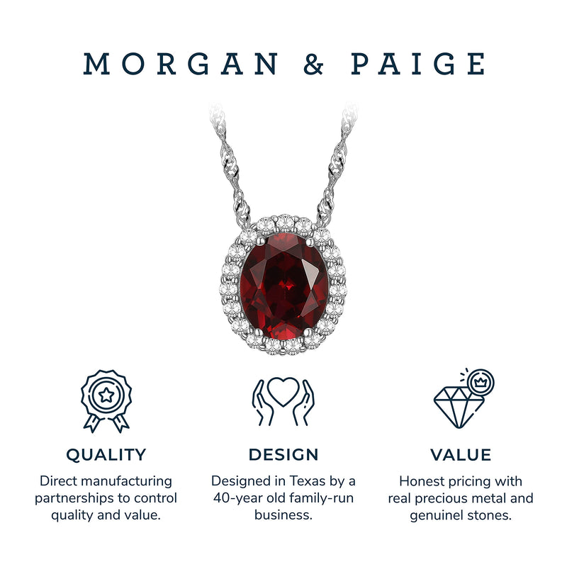 MORGAN & PAIGE 925 Sterling Silver Gemstone Birthstone and Created White Sapphire Oval Halo Pendant Necklace, 18"