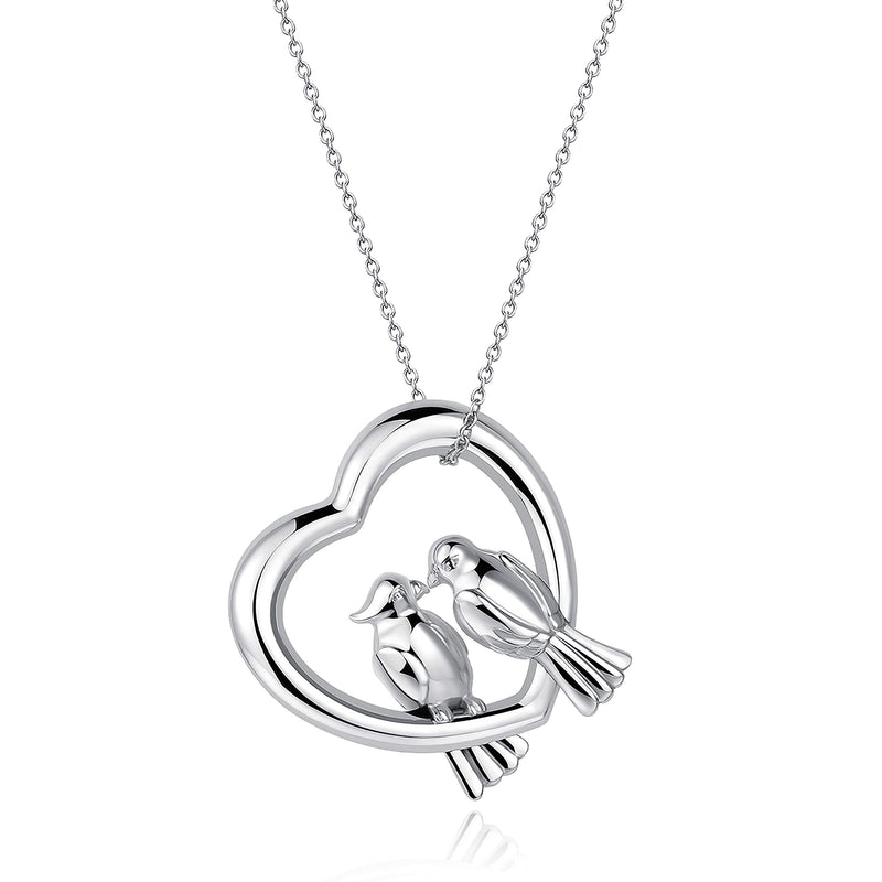 MORGAN & PAIGE 925 Sterling Silver Love Bird Parrots Heart Pendant Necklace, 18"