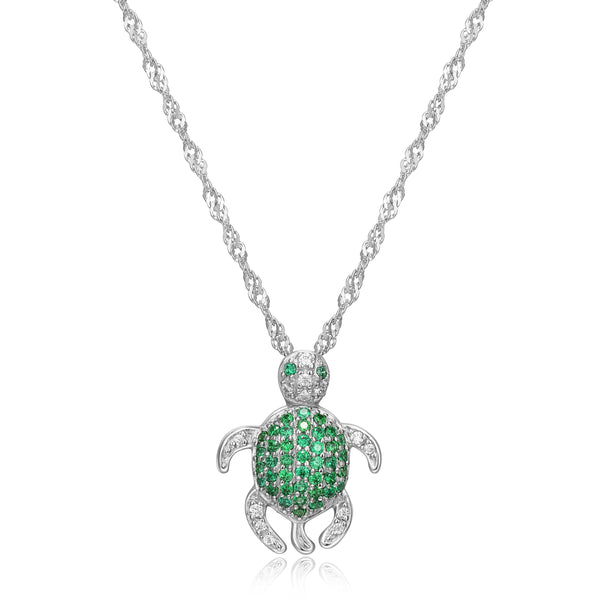 MORGAN & PAIGE Rhodium Plated 925 Sterling Silver White and Green Cubic Zirconia Turtle Pendant Necklace, 18 inches Cable Chain