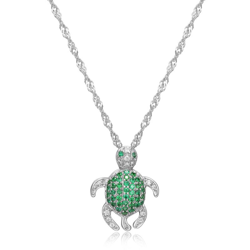 MORGAN & PAIGE Rhodium Plated 925 Sterling Silver White and Green Cubic Zirconia Turtle Pendant Necklace, 18 inches Cable Chain