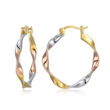 MORGAN & PAIGE .925 Sterling Silver Rhodium, 14K Rose Gold & 18K Yellow Gold Plated Three-Tone Twisted Silver Hoop Earrings for Women - Lightweight Gold Earrings for Women with Secure Latch Back Clasp