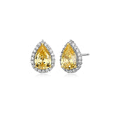 MORGAN & PAIGE Rhodium Plated Silver Yellow Cubic Zirconia Pear Cut 9x6mm and White Cubic Zirconia Halo-Setting Stud Earrings