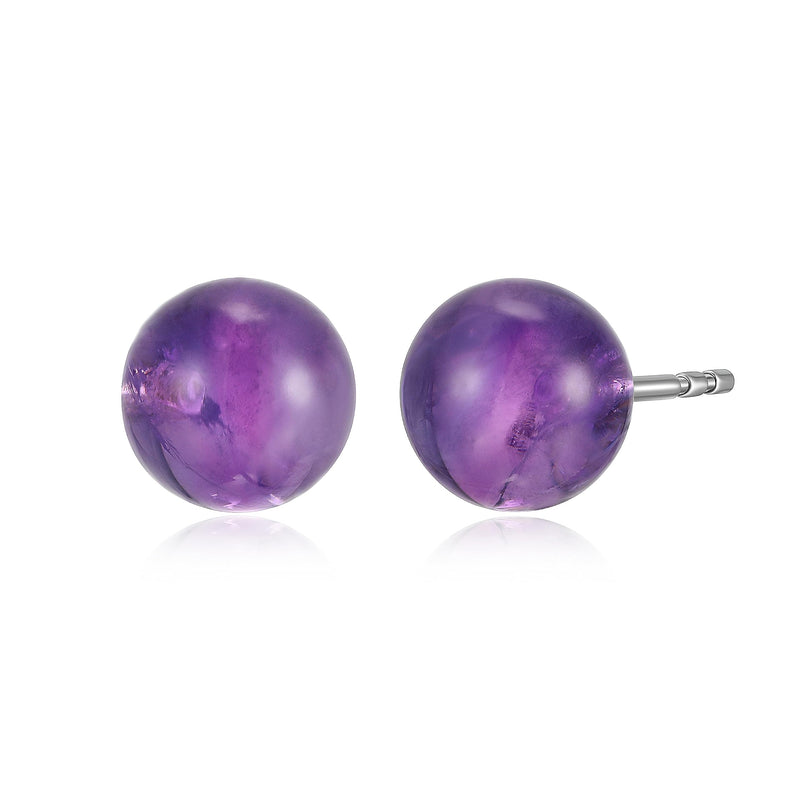 .925 Sterling Silver Natural Gemstone 8mm Round Sphere Ball Stud Earrings with butterfly-back in Green Jade or Purple Amethyst with Butterfly-backs