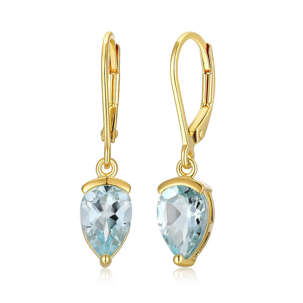 MORGAN & PAIGE 18K Yellow Gold Plated Sterling Silver 3-prong setting Sky Blue Topaz Teardrop Leverback 1" Dangle Drop Earrings