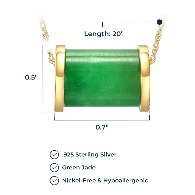 14K Gold-Plated Sterling Silver Necklace with Cylindrical Green Jade Pendant - Hypoallergenic Gold Jewelry - Genuine Jade Pendant Necklace