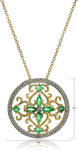 18K Yellow Gold-Plated .925 Sterling Silver Diamond-Accented Gemstone Floral Filigree Cross Round 1" Pendant Necklace on 18" Chain - Choice of Birthstones