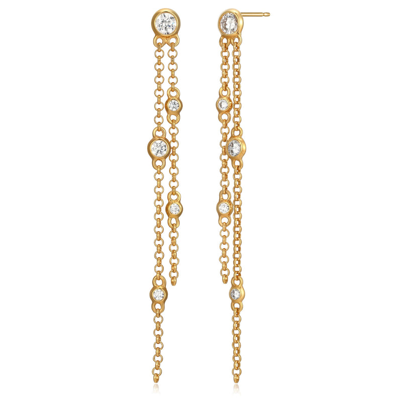 MORGAN & PAIGE 18K Yellow Gold Plated .925 Sterling Silver Two-Tone Cubic Zirconia Long Chain Drop Earrings (2.2 cttw)