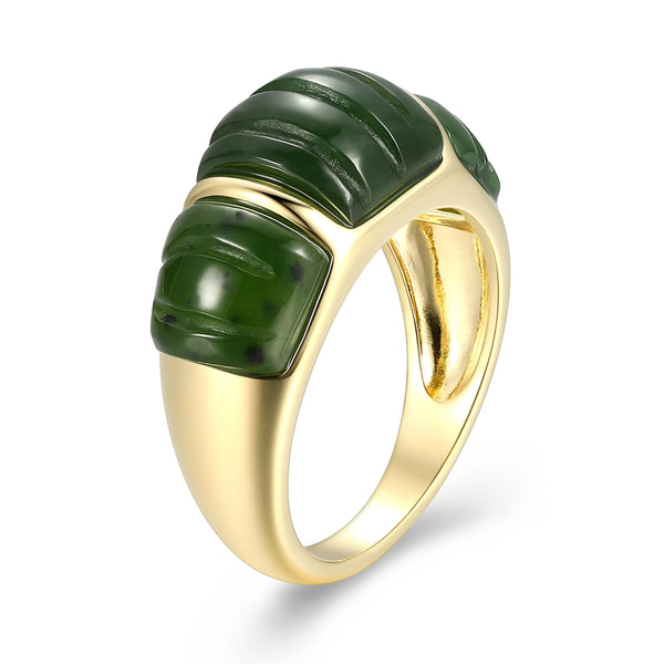 Carved Green Jade Ring with 14K Gold-Plated Sterling Silver Band - Hypoallergenic Rings for Women - Genuine Nephrite Jade Jewelry - Size 7