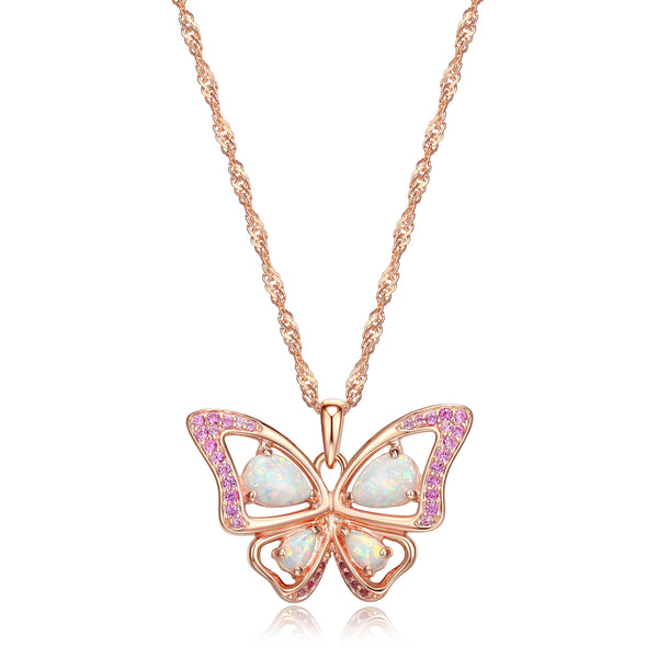 MORGAN & PAIGE 14K Rose Gold Plated Sterling Silver Created Opal and Pink Sapphire Butterfly 3-prong setting Pendant Necklace, 18"