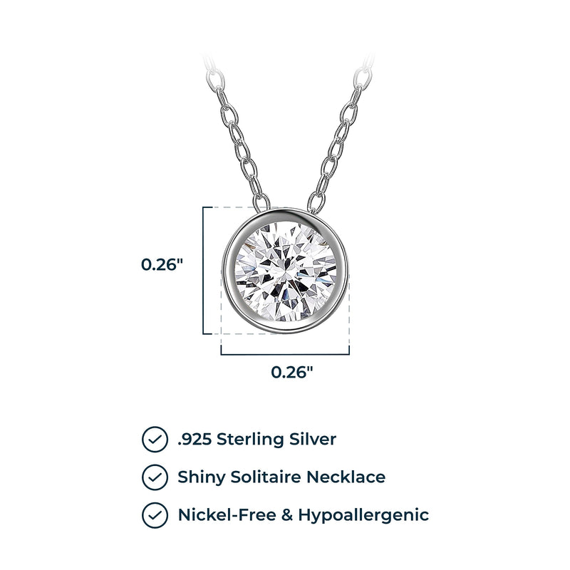 MORGAN & PAIGE .925 Sterling Silver Platinum Plated Solitaire 1/4" Round Cubic Zirconia Necklace - Elegant Bezel Set Silver Dainty Necklace for Women, Crystal Pendant Necklace 18 Cable Chain