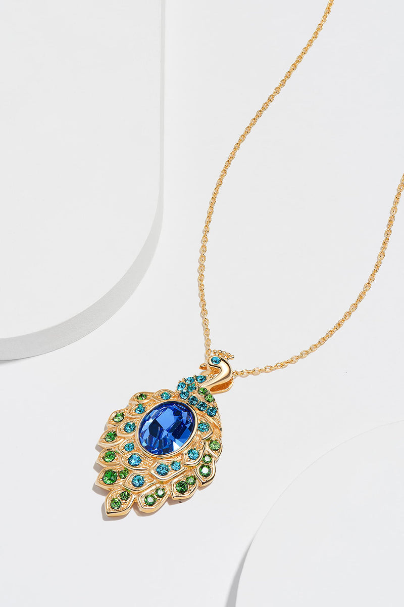 MORGAN & PAIGE 18K Yellow Gold Plated Sterling Silver Blue and Green Peacock Pendant Necklace Made with Crystal (18")