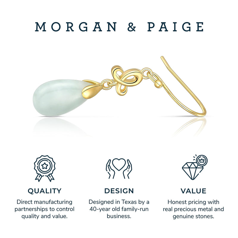 MORGAN & PAIGE .925 Sterling Silver 18K Gold Plated Teardrop Cut Genuine Green Jade Necklaces for Women or Jade Earrings for Women - Celtic Knot Drop Earrings and Wire Frame Pendant Necklace Jewelry