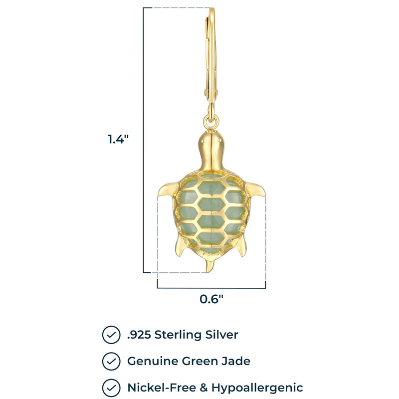 Turtle Dangle Earrings - 14k Gold-Plated Sterling Silver, Genuine Green Jade, Hypoallergenic, Elegant Gift Box Included