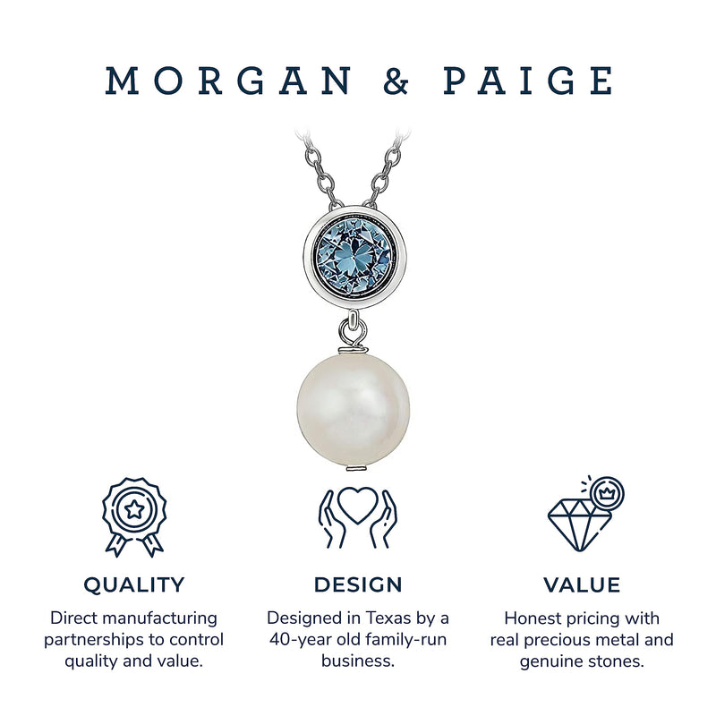 MORGAN & PAIGE .925 Sterling Silver Rhodium Plated Birthstone Necklace - Elegant Freshwater Cultured Pearl Necklace and Gemstone Necklace, Bezel-Set Pearl Drop Necklaces for Women Jewelry 18"