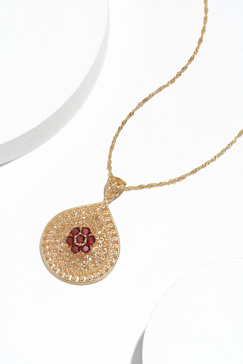 18K Yellow Gold-Plated .925 Sterling Silver Gemstone Evil Eye Teardrop Filigree 1-5/8" Pendant Necklace on 18" Chain - Choice of Birthstones