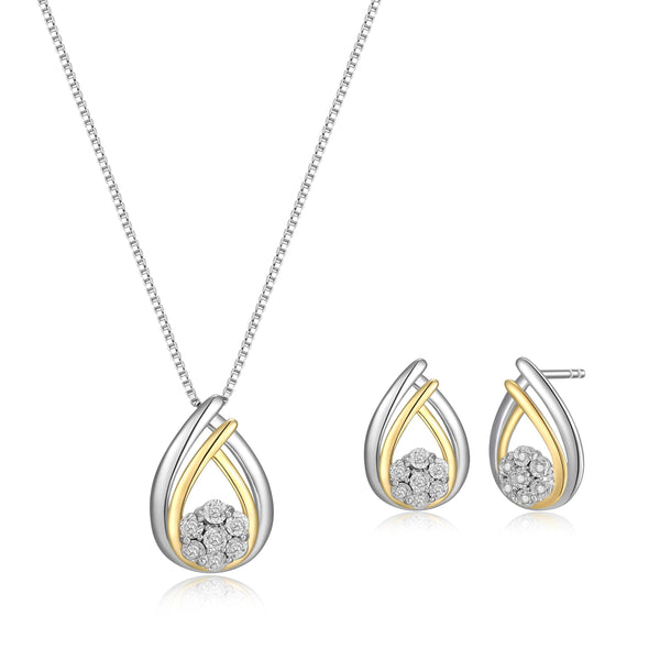 MORGAN & PAIGE .925 Sterling Silver 1/10 Cttw Diamond Miracle Plate Teardrop 18" Pendant Necklace and Stud Earrings Set (I-J Color, I2-I3 Clarity)