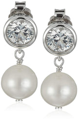 MORGAN & PAIGE 925 Sterling Silver Bezel-Set Gemstone Birthstone and 8mm White Freshwater Cultured Pearl Post Drop Earrings