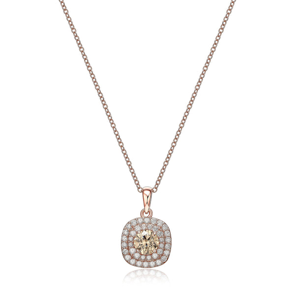 14K Rose Gold-Plated .925 Sterling Silver Champagne & White Cubic Zirconia Cushion-Shaped Double-Halo Pendant Necklace and Ring Size 7