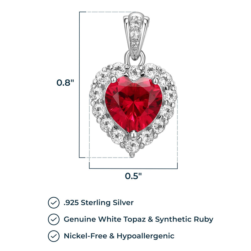 MORGAN & PAIGE Platinum-Plated .925 Sterling Silver Gemstone 1/2" Heart Pendant with White Topaz Halo on 18" Chain - Choice of Birthstone Colors