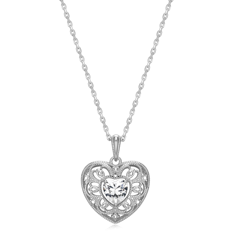 MORGAN & PAIGE Created Gemstone Filigree Heart Pendant Necklace Featuring Rhodium-Plated Sterling Silver with Faceted Cable Chain, Sapphire Jewelry, Heart Necklaces for Women