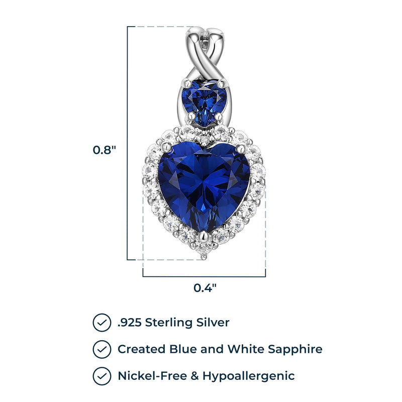 MORGAN & PAIGE .925 Sterling Silver Created Blue and White Sapphire Diamond-Accented 7/8" Double Heart Halo Pendant Necklace on 18" Cable Chain