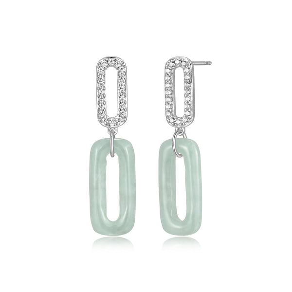 Paperclip Link Earrings – Rhodium-Plated Sterling Silver with Genuine Green Jade and White Topaz, Hypoallergenic and Nickel-free, Elegant Gift Box Included