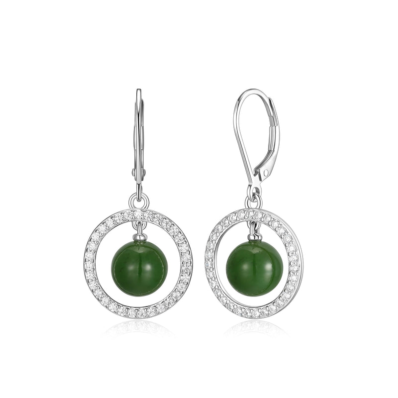 Genuine Green Jade Dangle Earrings – Rhodium-Plated Sterling Silver, Nephrite Jade, Hypoallergenic, Elegant Gift Box Included