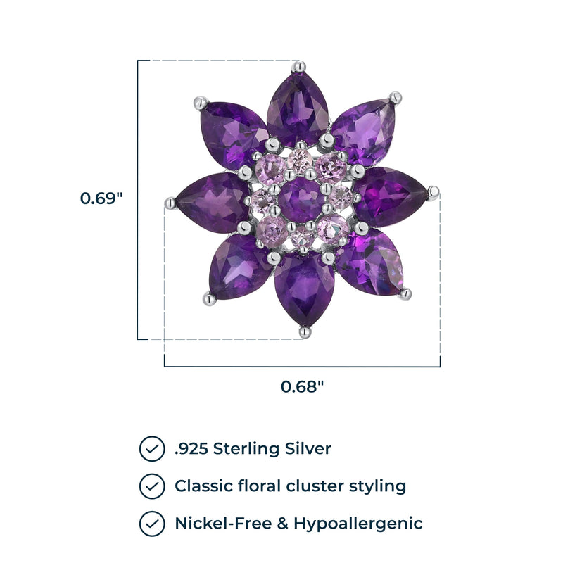 MORGAN & PAIGE Rhodium-Plated .925 Sterling Silver Genuine Purple Amethyst Flower Cluster 3/4" Prong-Setting Stud Earrings