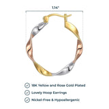 MORGAN & PAIGE .925 Sterling Silver Rhodium, 14K Rose Gold & 18K Yellow Gold Plated Three-Tone Twisted Silver Hoop Earrings for Women - Lightweight Gold Earrings for Women with Secure Latch Back Clasp